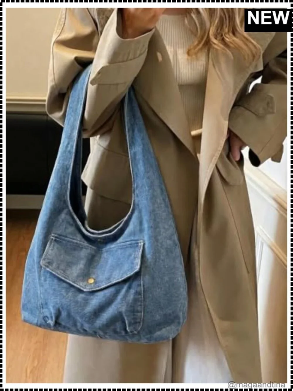 Denim Hobo Bag Large Capacity Reversible Tote Wide Strap Shoulder Purse